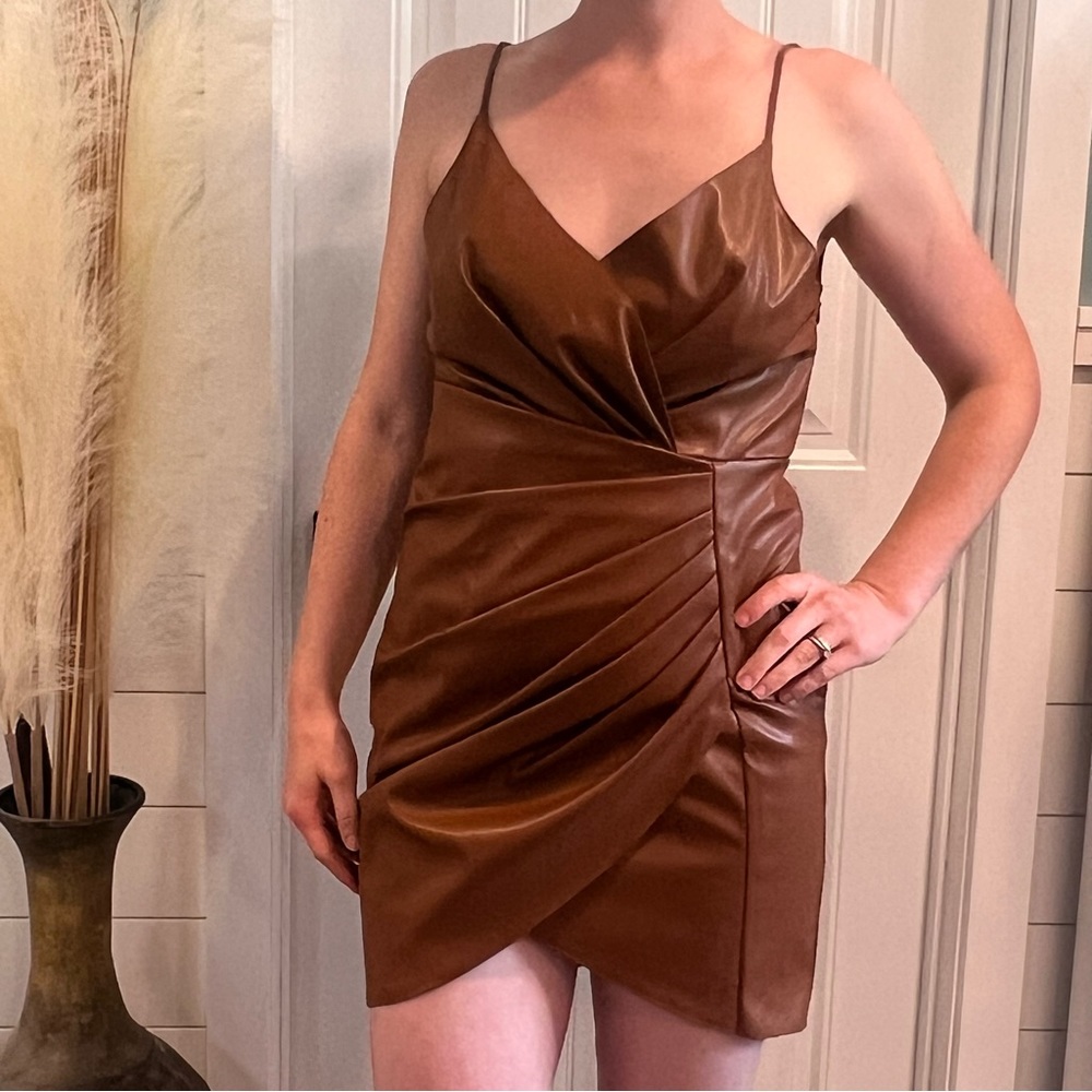 Do+Be Faux Leather Dark Brown Spaghetti Strap Mini Dress. Size‎ Medium.
